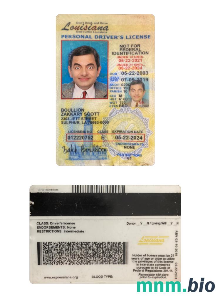 USA Louisiana under 21 szablon prawa jazdy w formacie PSD, ze wszystkimi czcionkami